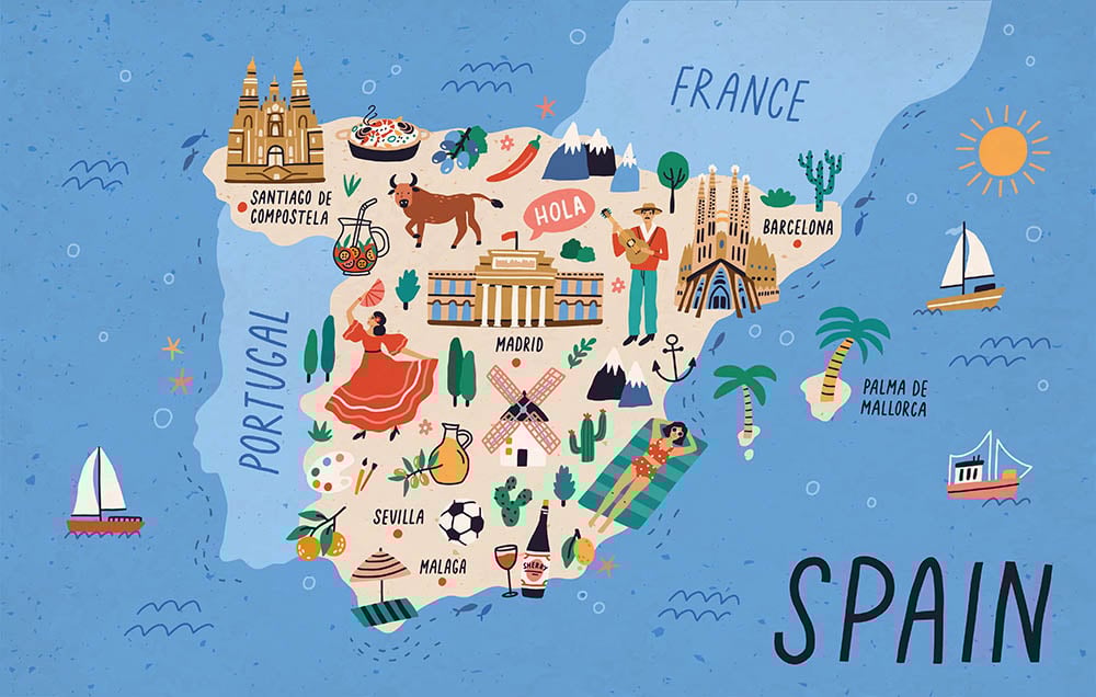 drawing of a map of spain with important landmarks