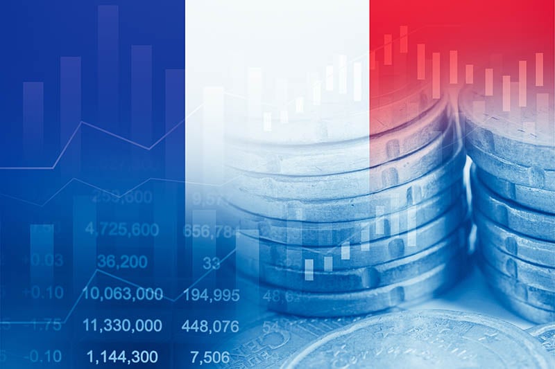france flag with coins overlaid