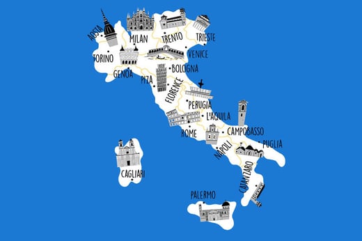 cartoon map of italy with landmarks drawn